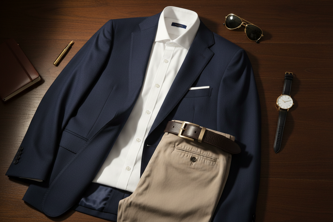 Ellivio Men's Collection – Tailored blazer, shirt, chinos and accessories flat lay