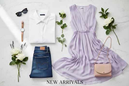 Ellivio New Arrivals – Fresh fashion flat lay with shirt, dress and accessories