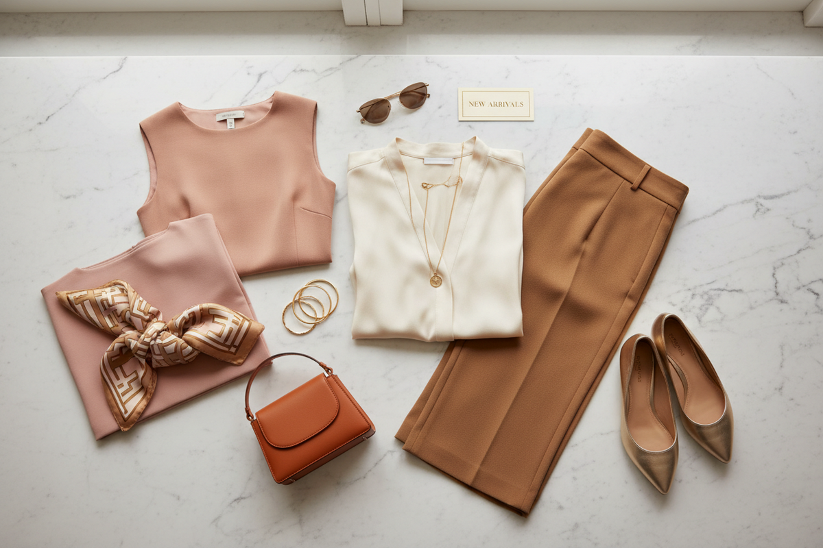 Ellivio New Arrivals Collection – Fresh fashion styles including elegant tops, stylish pants and accessories on a white marble surface